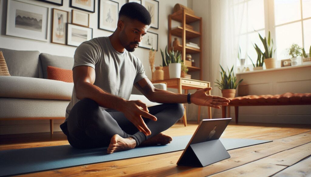 A person in a living room following a yoga session on their tablet.