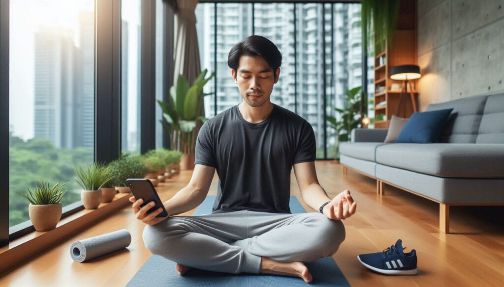 A person meditating on a yoga mat, using their phone for guided relaxation.