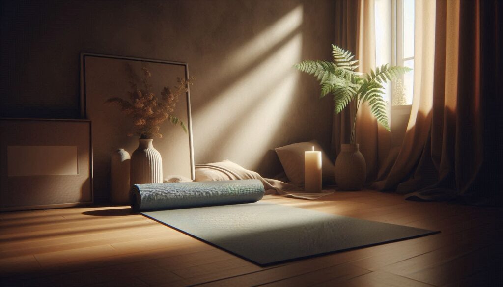 A yoga mat in a serene corner of a room with soft lighting.