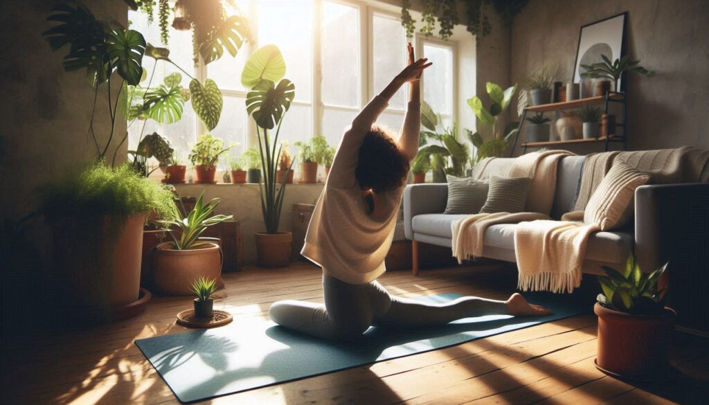 A person stretching on a yoga mat in a cozy room with plants and natural light.