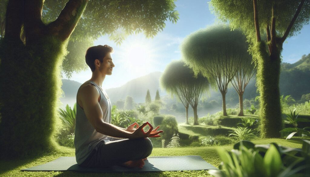 A serene scene of a person practicing yoga in a peaceful outdoor setting, surrounded by nature. The person is in a meditative pose, with a calm and focused expression. The background features lush greenery, a clear blue sky, and soft sunlight filtering through the trees, creating a tranquil and harmonious atmosphere.