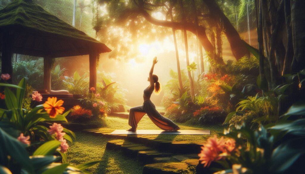 A serene outdoor Vinyasa yoga session with a practitioner flowing through Sun Salutations.