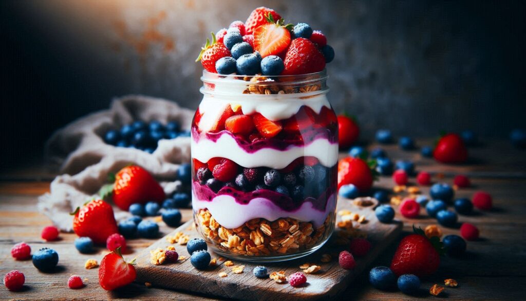 A vibrant layered parfait in a mason jar with colorful berries, creamy yogurt, and crunchy granola