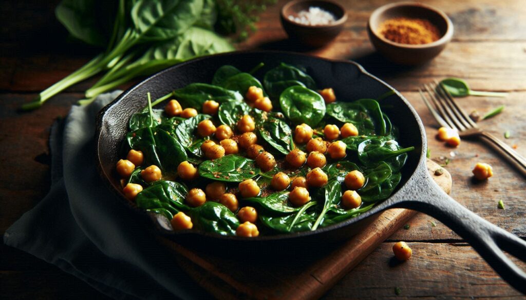 A skillet filled with vibrant green spinach, golden chickpeas, and a sprinkle of spices.