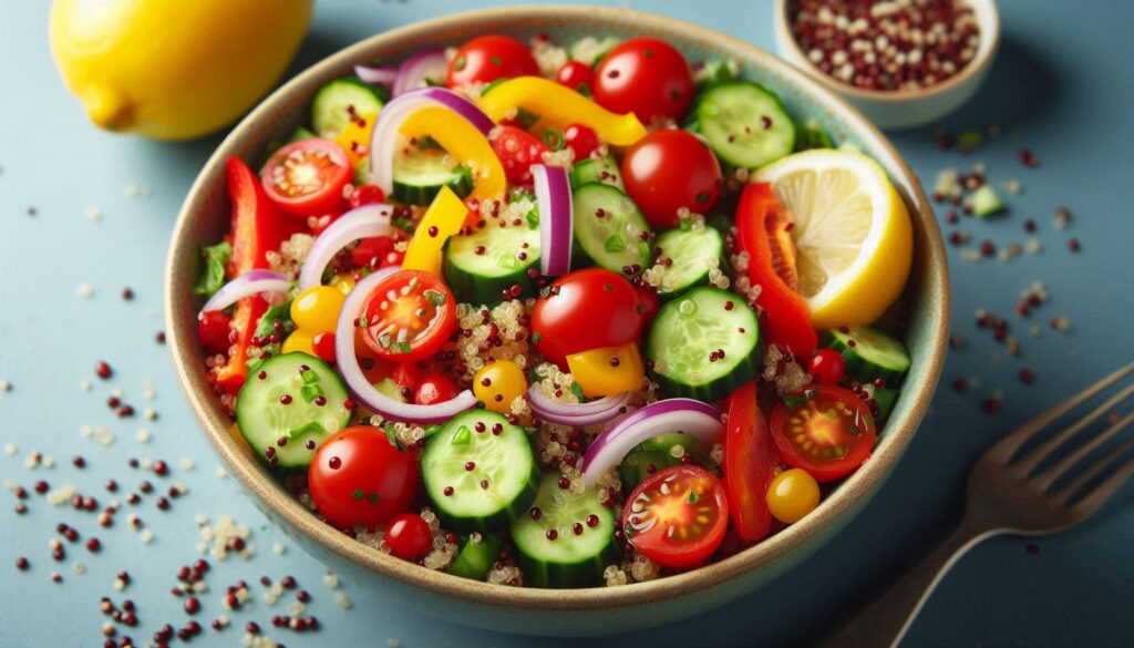 Image Description: A colorful salad bowl featuring fluffy quinoa, vibrant veggies, and a lemon wedge.