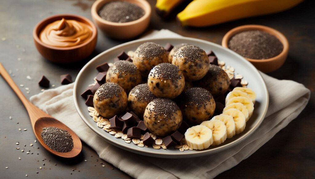 Bite-sized energy balls arranged on a plate with a sprinkle of chia seeds.