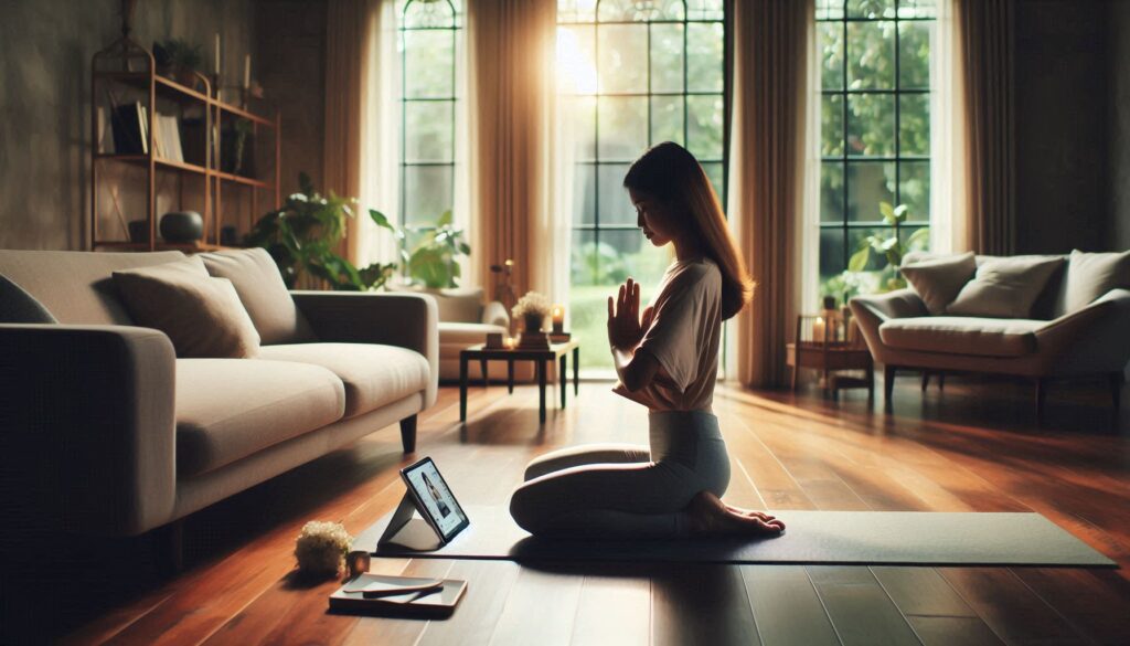 A person in a serene, cozy living room, practicing yoga on a mat.